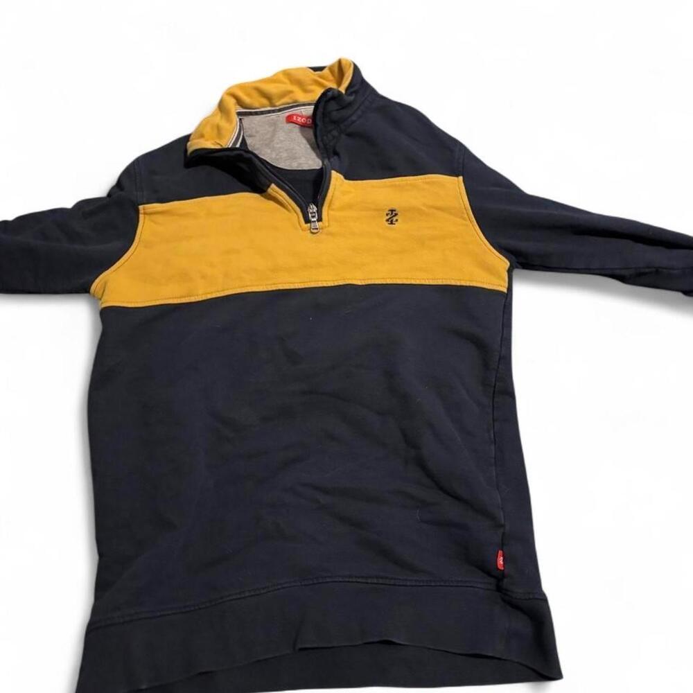Izod yellow and navy quarter zip sweatshirt with horizontal stripe